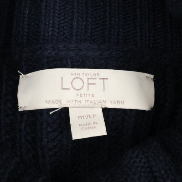 Loft Poncho Sweater Petites MP PM Navy Blue Ribbed Knit Turtleneck Open Sides - Picture 12 of 13